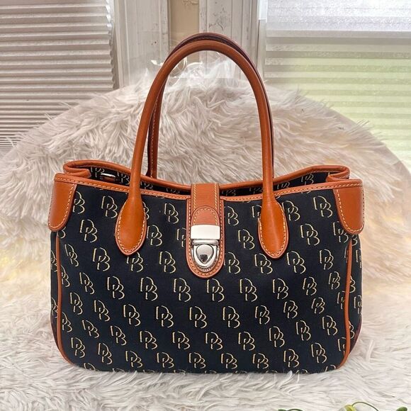 Dooney & Bourke Signature DB Logo Black Canvas & Brown Leather Hand Shoulder Bag - Picture 2 of 12